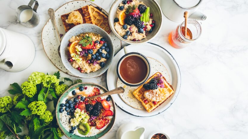 fruit salad on gray bowls