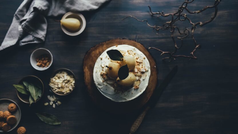 white and brown dish on brown plate